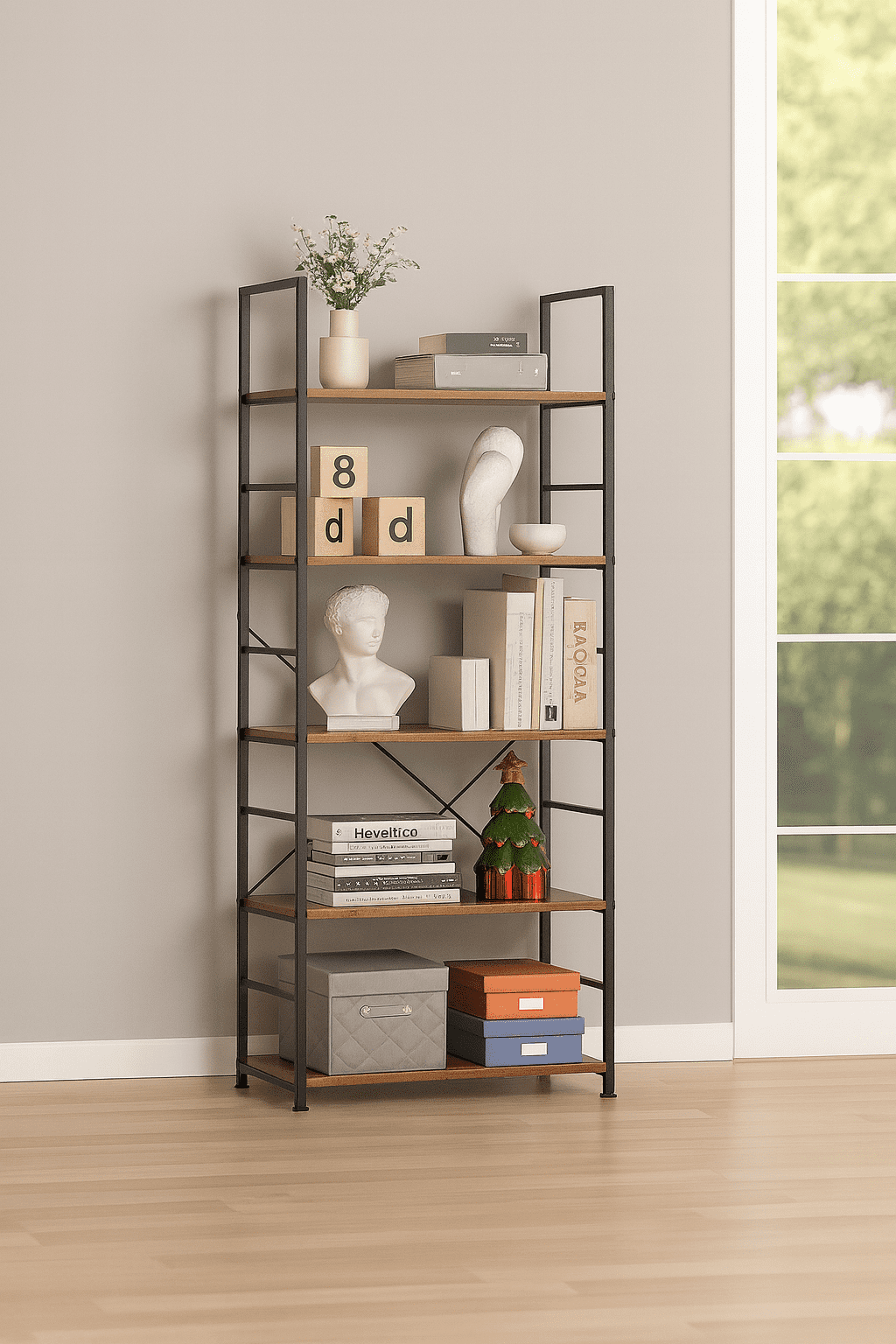 5 Tier BookShelf, Free Standing Storage Shelving Unit for Living Room/Bathroom/Office/Garage, Adjustable, Easy Assembly, Rustic Brown