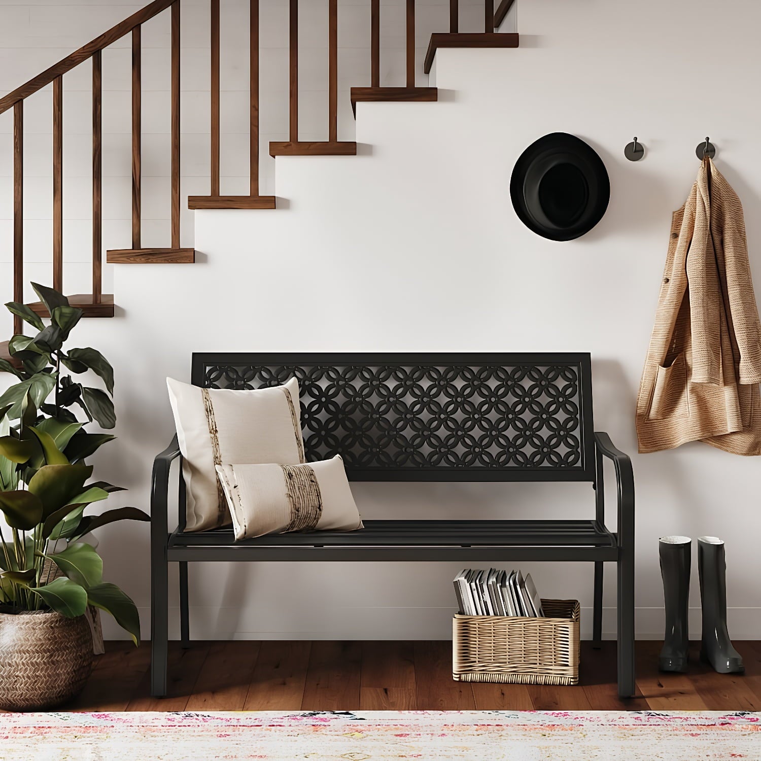 Outdoor Bench with Floral Design, Anti-Rust Steel Garden Bench for Patio, Porch, Park, Weatherproof Metal Bench with 660LB Capacity, Sunflower for Yard, Garden Decor Black