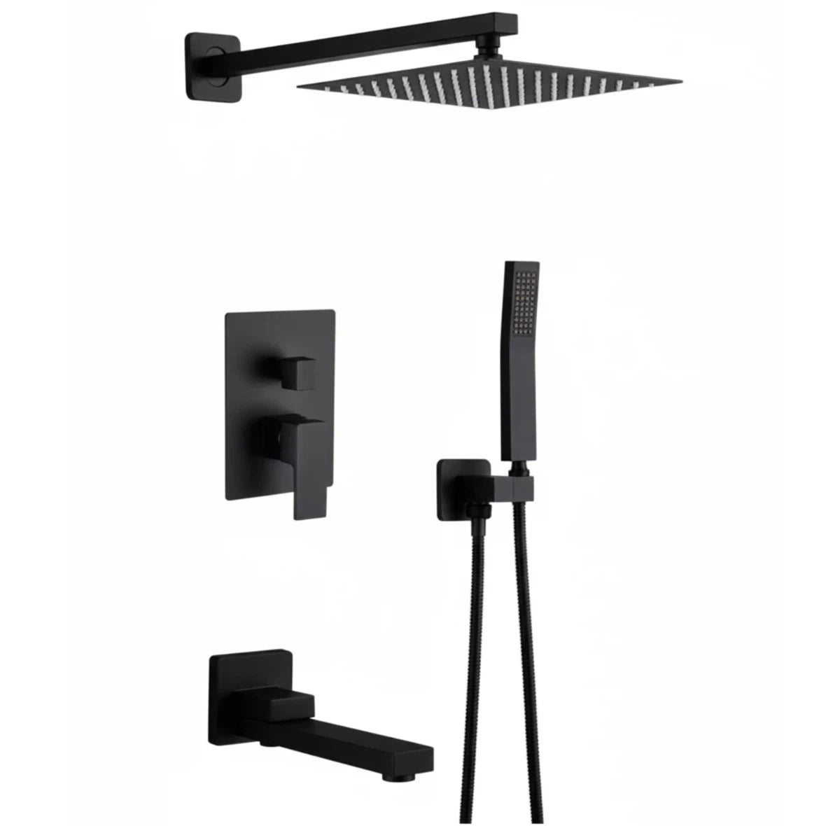Nygira Rainfall Bathroom Shower System Rain Shower Head and Handle Set, Wall Mounted Shower Faucet Set with Tub Spout, Rough-in Valve, Black
