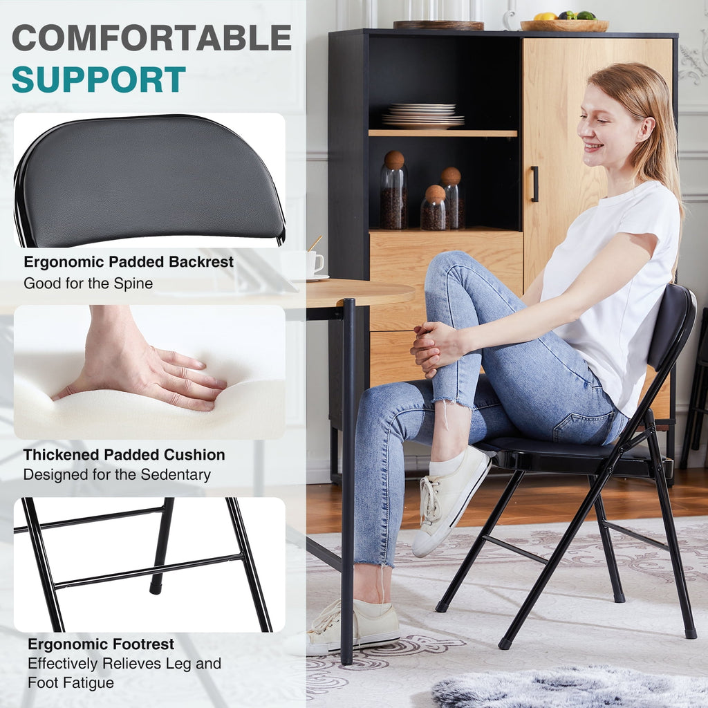 2 Pack Leather Padded Folding Chairs, Indoor Outdoor Stackable Portable Metal Frame Chairs, Comfortable Seating for Home Office Party Events, Black