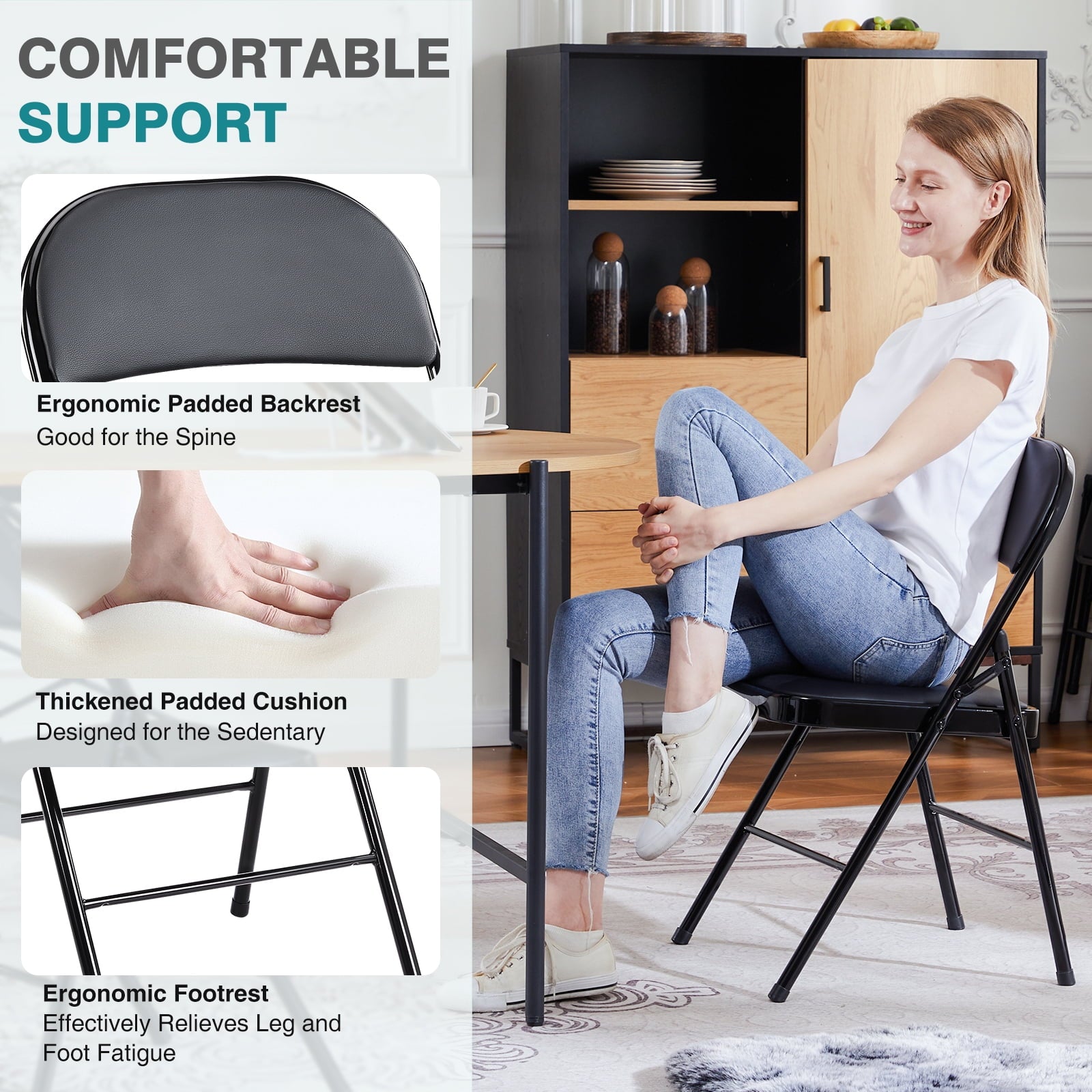 2 Pack Leather Padded Folding Chairs, Indoor Outdoor Stackable Portable Metal Frame Chairs, Comfortable Seating for Home Office Party Events, Black