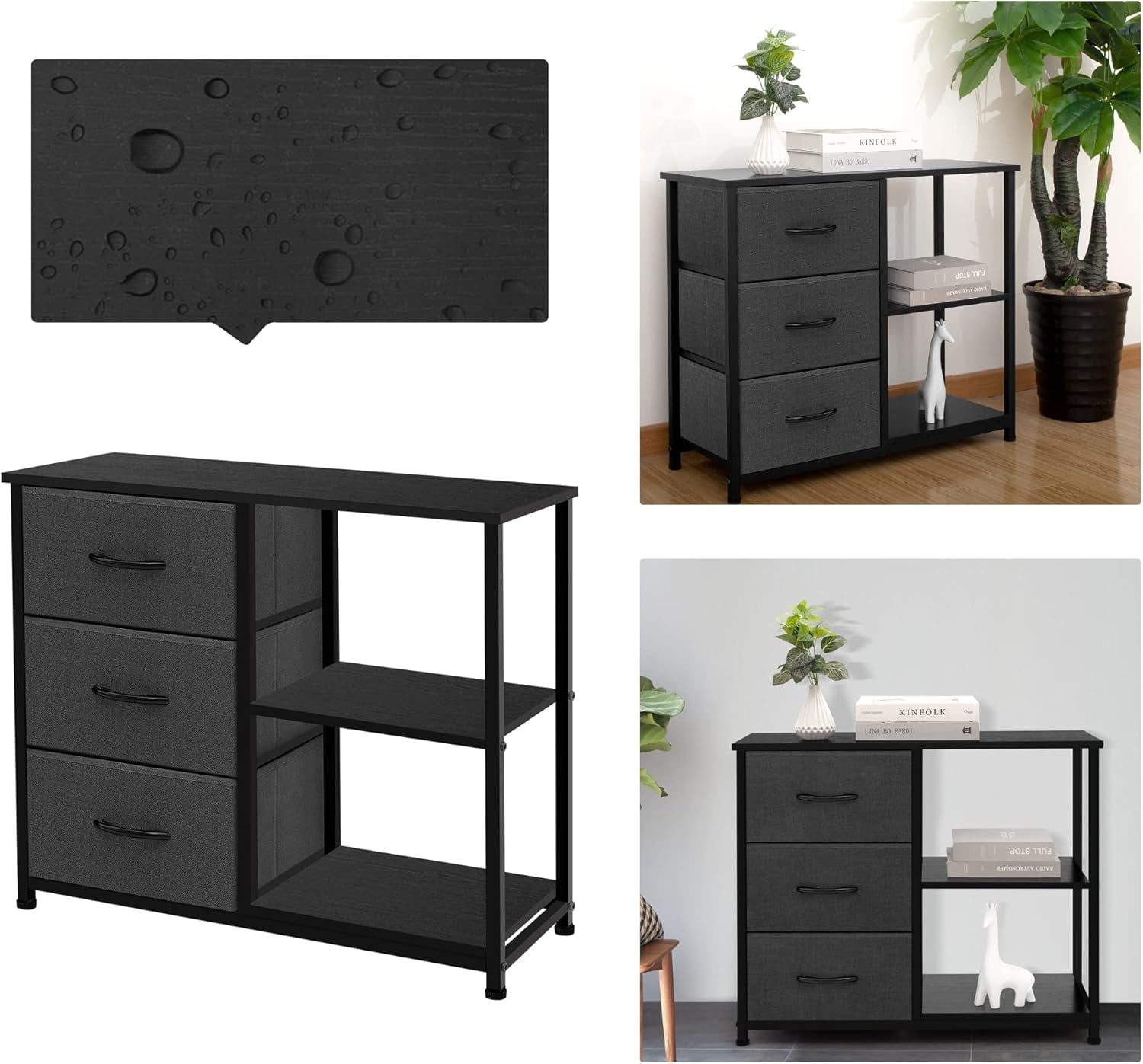 3 Drawer Nightstand for Bedroom,Fabric Dresser with Wood Top and Shelves, Chest of Drawer Organizer Storage Cabinet, Bedside Table, Grey