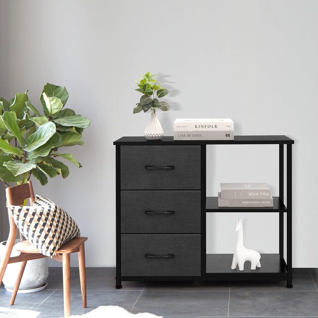 3 Drawer Nightstand for Bedroom,Fabric Dresser with Wood Top and Shelves, Chest of Drawer Organizer Storage Cabinet, Bedside Table, Grey