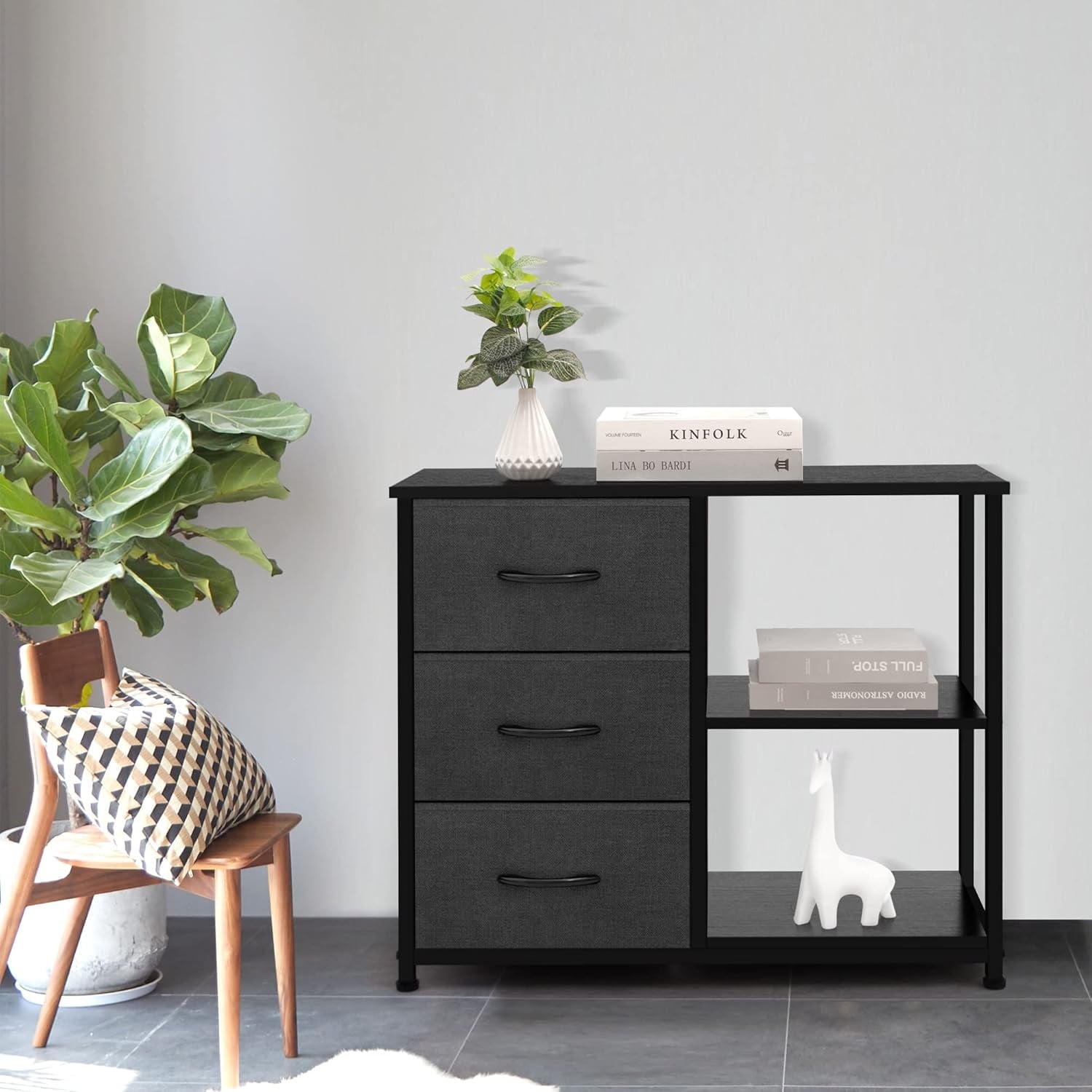 3 Drawer Nightstand for Bedroom,Fabric Dresser with Wood Top and Shelves, Chest of Drawer Organizer Storage Cabinet, Bedside Table, Grey