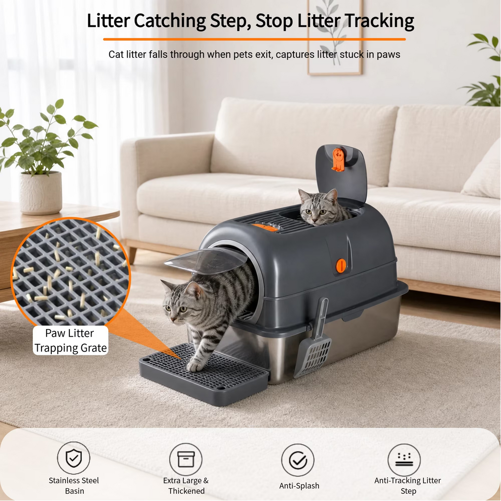 Roomisland Stainless Steel Litter Box with Lid, 3 in 1 Covered Metal Cat Litter Box,High Sided Anti-Leak Cat Box with Scoop & Mat, Front & Top Entry Easy Cleaning