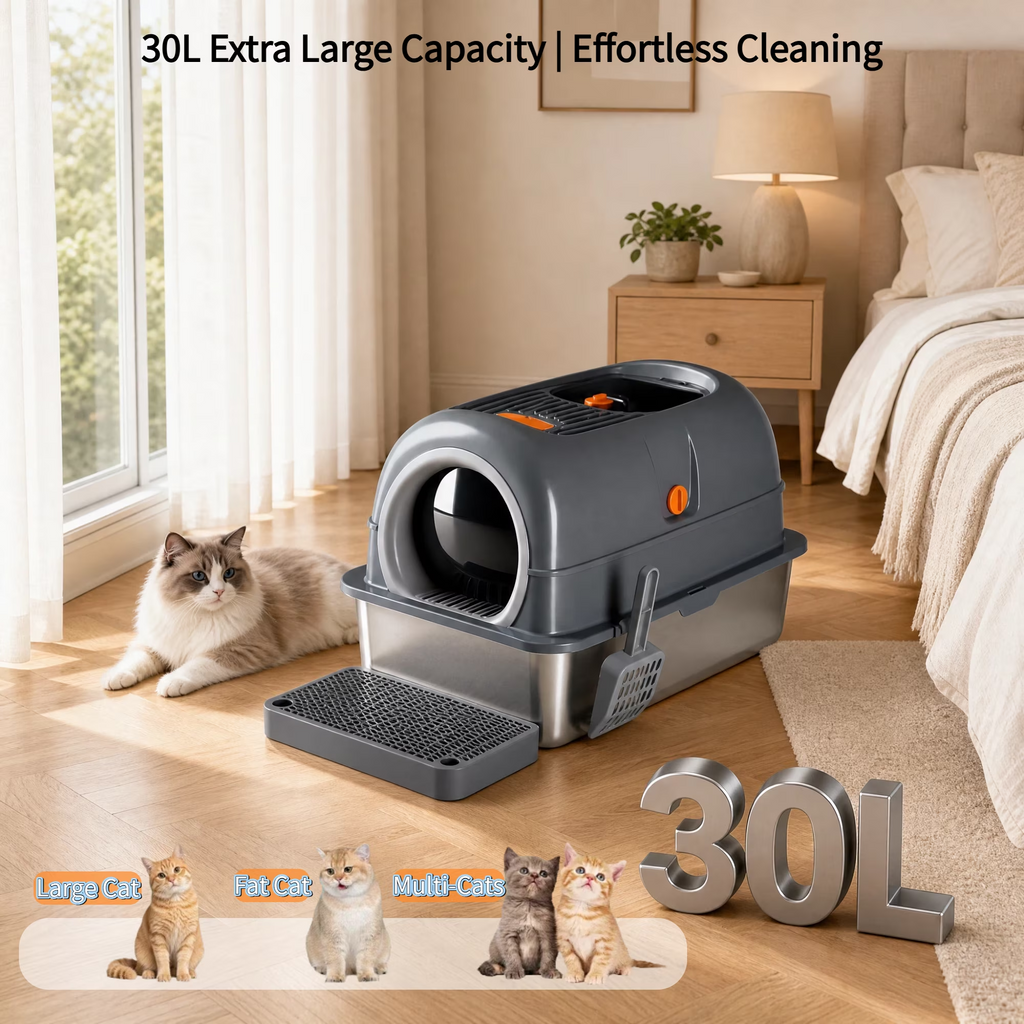 Roomisland Stainless Steel Litter Box with Lid, 3 in 1 Covered Metal Cat Litter Box,High Sided Anti-Leak Cat Box with Scoop & Mat, Front & Top Entry Easy Cleaning