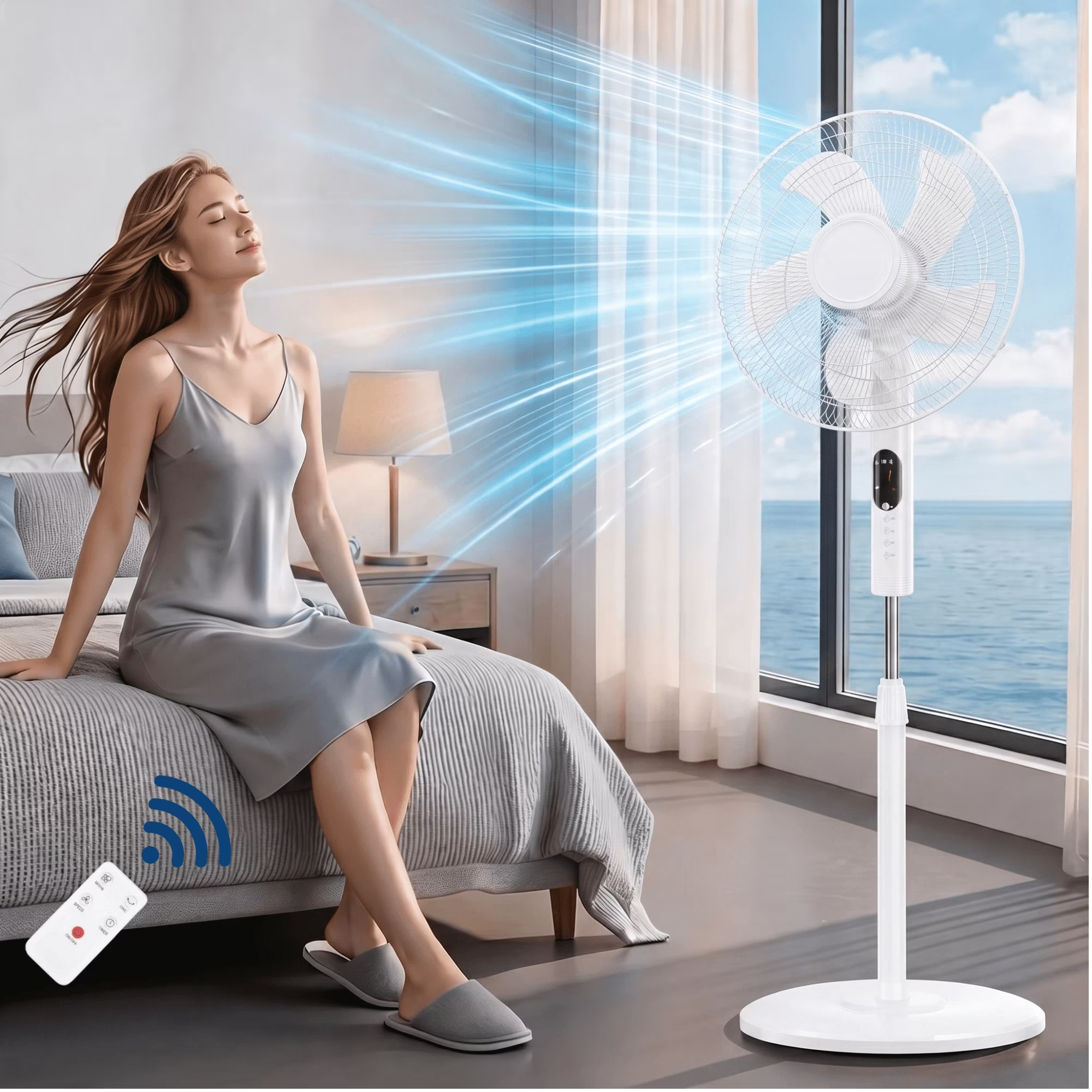 Roomisland 17" Oscillating Pedestal Fan with Remote, Quiet Standing Fan with Timer for Bedroom, 3 Speeds & 3 Modes, Adjustable Height, High Power Floor Fan