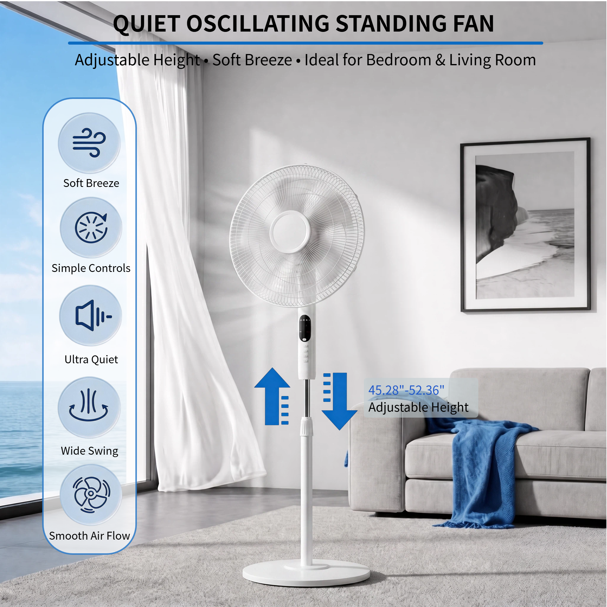 Roomisland 17" Oscillating Pedestal Fan with Remote, Quiet Standing Fan with Timer for Bedroom, 3 Speeds & 3 Modes, Adjustable Height, High Power Floor Fan