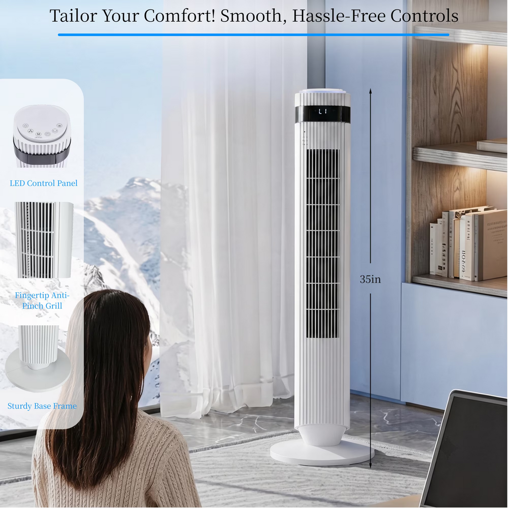Roomisland 36" Quiet Tower Fan, Standing Bladeless Floor Fan with 60° Oscillation, 25ft Air Delivery, LED Display, 12 Hour Timer, 5 Speed 4 Mode Cooling Fan with Remote