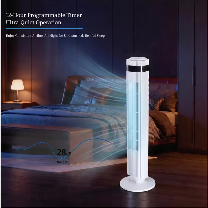 Roomisland 36" Quiet Tower Fan, Standing Bladeless Floor Fan with 60° Oscillation, 25ft Air Delivery, LED Display, 12 Hour Timer, 5 Speed 4 Mode Cooling Fan with Remote