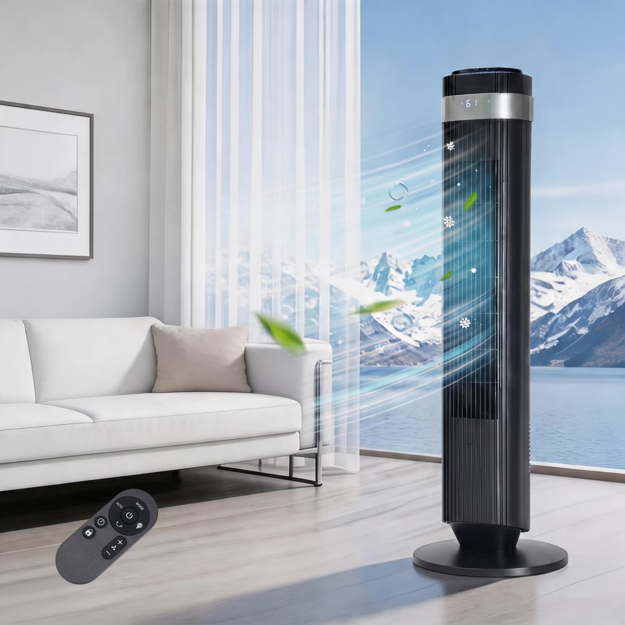 Roomisland 36" Quiet Tower Fan, Standing Bladeless Floor Fan with 60° Oscillation, 25ft Air Delivery, LED Display, 12 Hour Timer, 5 Speed 4 Mode Cooling Fan with Remote
