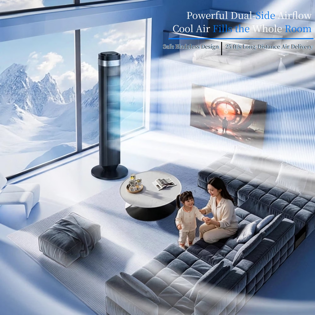 Roomisland 36" Quiet Tower Fan, Standing Bladeless Floor Fan with 60° Oscillation, 25ft Air Delivery, LED Display, 12 Hour Timer, 5 Speed 4 Mode Cooling Fan with Remote