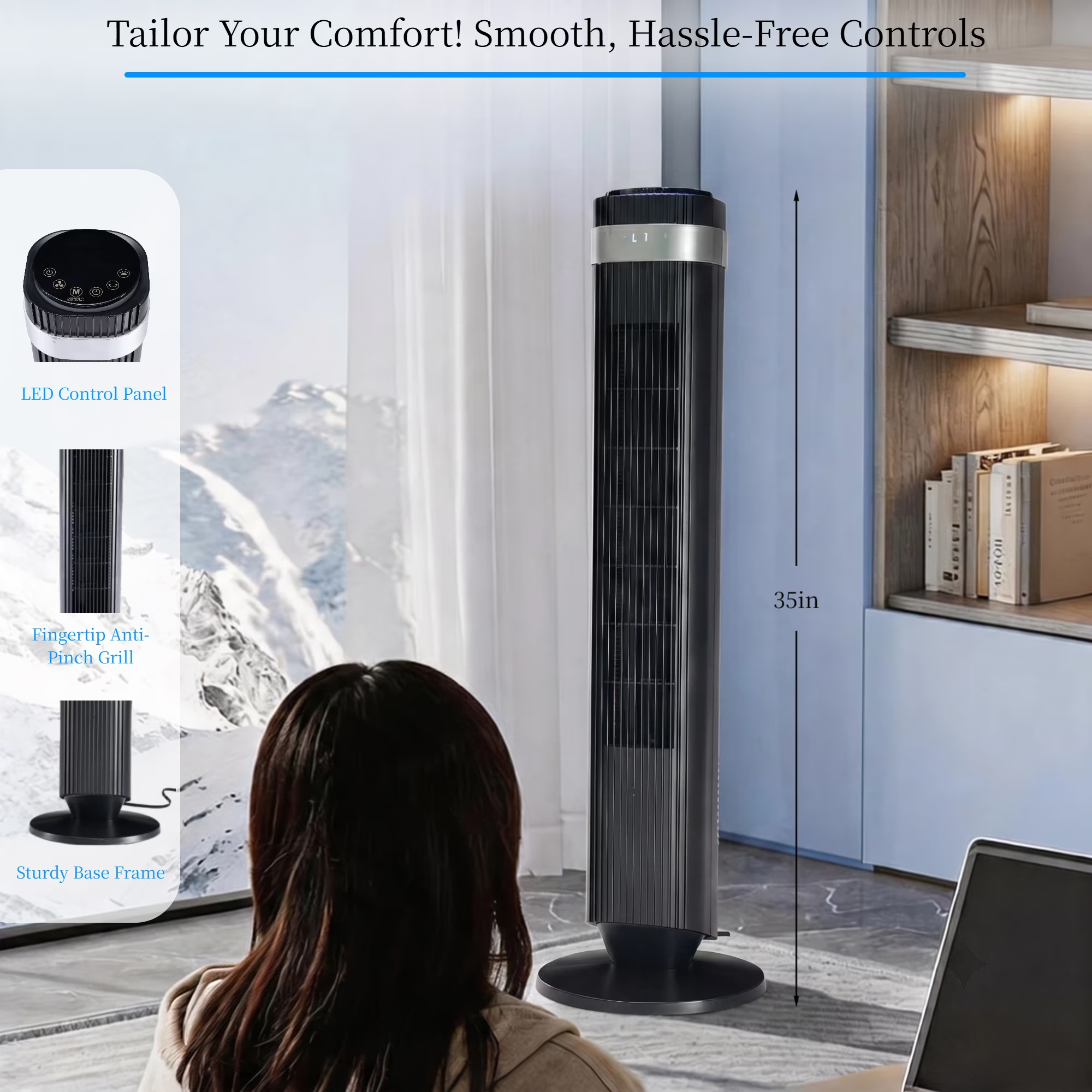 Roomisland 36" Quiet Tower Fan, Standing Bladeless Floor Fan with 60° Oscillation, 25ft Air Delivery, LED Display, 12 Hour Timer, 5 Speed 4 Mode Cooling Fan with Remote