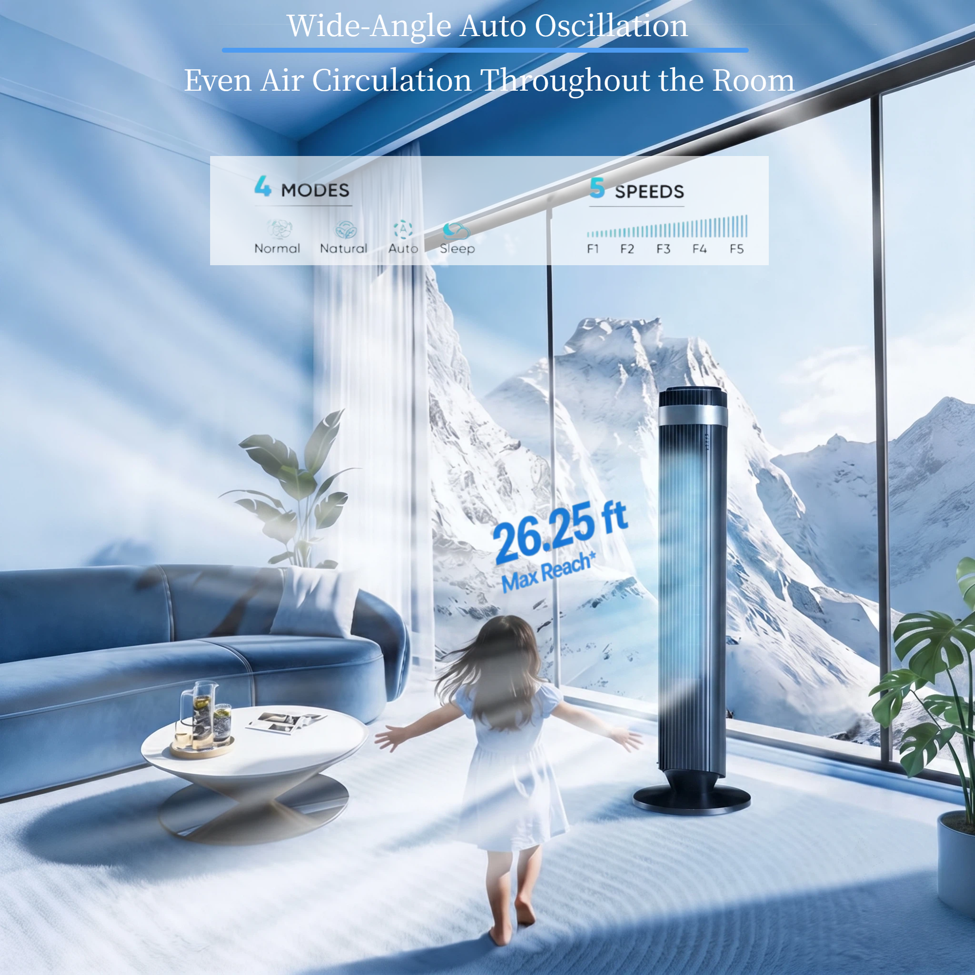 Roomisland 36" Quiet Tower Fan, Standing Bladeless Floor Fan with 60° Oscillation, 25ft Air Delivery, LED Display, 12 Hour Timer, 5 Speed 4 Mode Cooling Fan with Remote