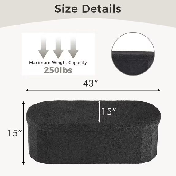 Roomisland Storage Ottoman, Folding Ottoman Bench with Cushion, Oval Foot Rest Stool for End of Bed, Teddy Fabric Storage Chest for Bedroom Living Room Entryway Dorm
