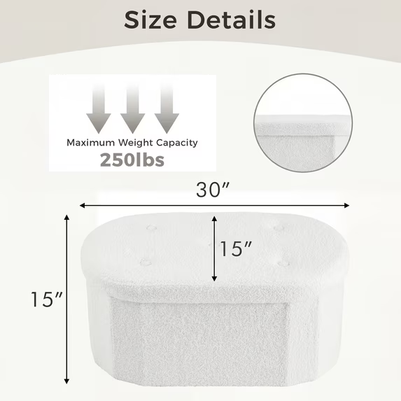 Roomisland Storage Ottoman, Folding Ottoman Bench with Cushion, Oval Foot Rest Stool for End of Bed, Teddy Fabric Storage Chest for Bedroom Living Room Entryway Dorm