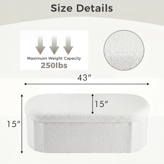 Roomisland Storage Ottoman, Folding Ottoman Bench with Cushion, Oval Foot Rest Stool for End of Bed, Teddy Fabric Storage Chest for Bedroom Living Room Entryway Dorm