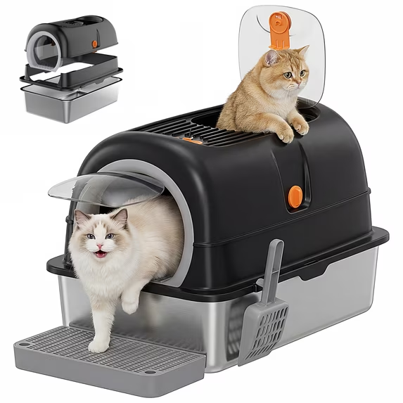 Roomisland Stainless Steel Litter Box with Lid, 3 in 1 Covered Metal Cat Litter Box,High Sided Anti-Leak Cat Box with Scoop & Mat, Front & Top Entry Easy Cleaning