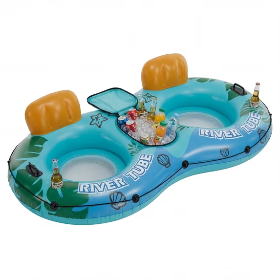 Roomisland Inflatable River Float Tube for Adults, Heavy Duty 2 Person Inflatable River Tube Float with Removable Cooler, Cup Holders & Backrest, Lake Pool Mesh Bottom Raft
