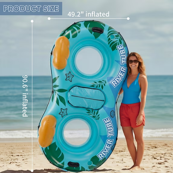 Roomisland Inflatable River Float Tube for Adults, Heavy Duty 2 Person Inflatable River Tube Float with Removable Cooler, Cup Holders & Backrest, Lake Pool Mesh Bottom Raft