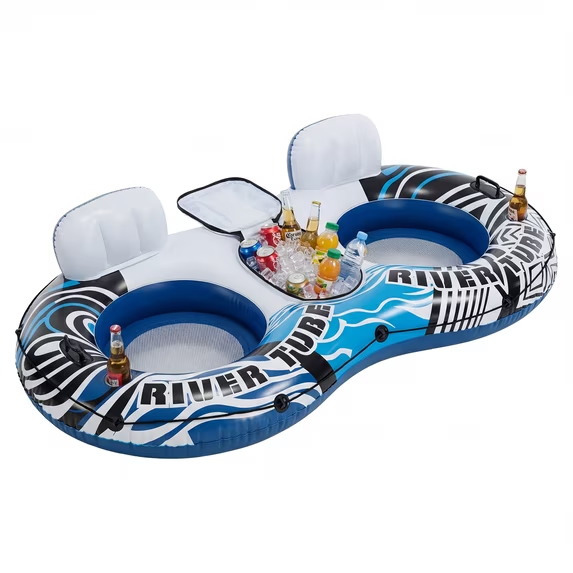 Roomisland Inflatable River Float Tube for Adults, Heavy Duty 2 Person Inflatable River Tube Float with Removable Cooler, Cup Holders & Backrest, Lake Pool Mesh Bottom Raft