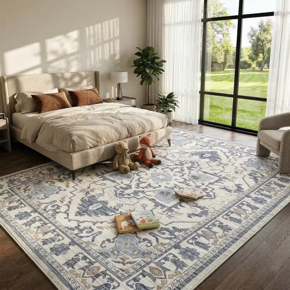 Roomisland 9x12 Area Rugs for Living Room, No Pile, Non-Slip Boho Carpet for Bedroom Dining Room, Vintage Distressed Print Washable Rugs for Bedroom Dining Room Farmhouse