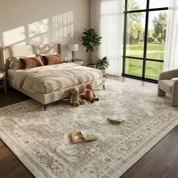 Roomisland 9x12 Area Rugs for Living Room, No Pile, Non-Slip Boho Carpet for Bedroom Dining Room, Vintage Distressed Print Washable Rugs for Bedroom Dining Room Farmhouse