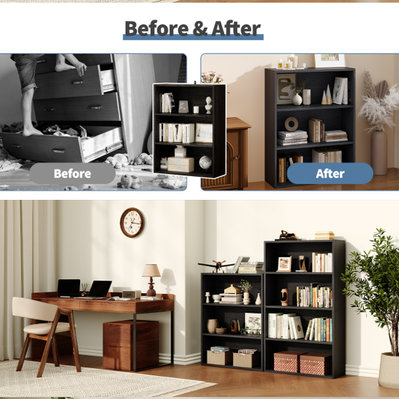Roomisland 3 Tier Bookshelf, Modern Tall Open Display Bookcase with Reinforced Back & Anti-Tip Kit, Heavy Duty Wood Book Shelves for Home Office Living Room