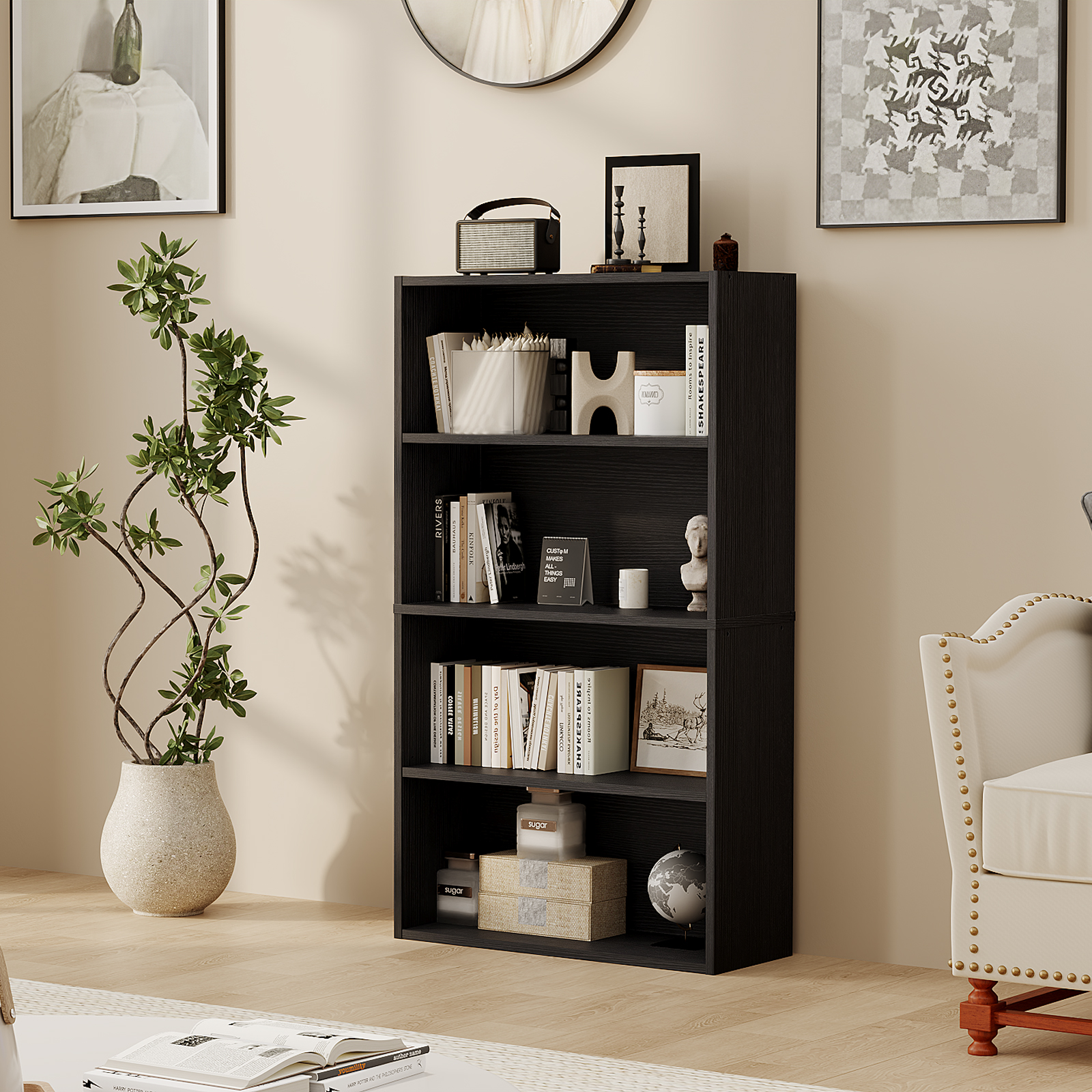 Roomisland 4 Tier Bookshelf, Modern Tall Open Display Bookcase with Reinforced Back & Anti-Tip Kit, Heavy Duty Wood Book Shelves for Home Office Living Room