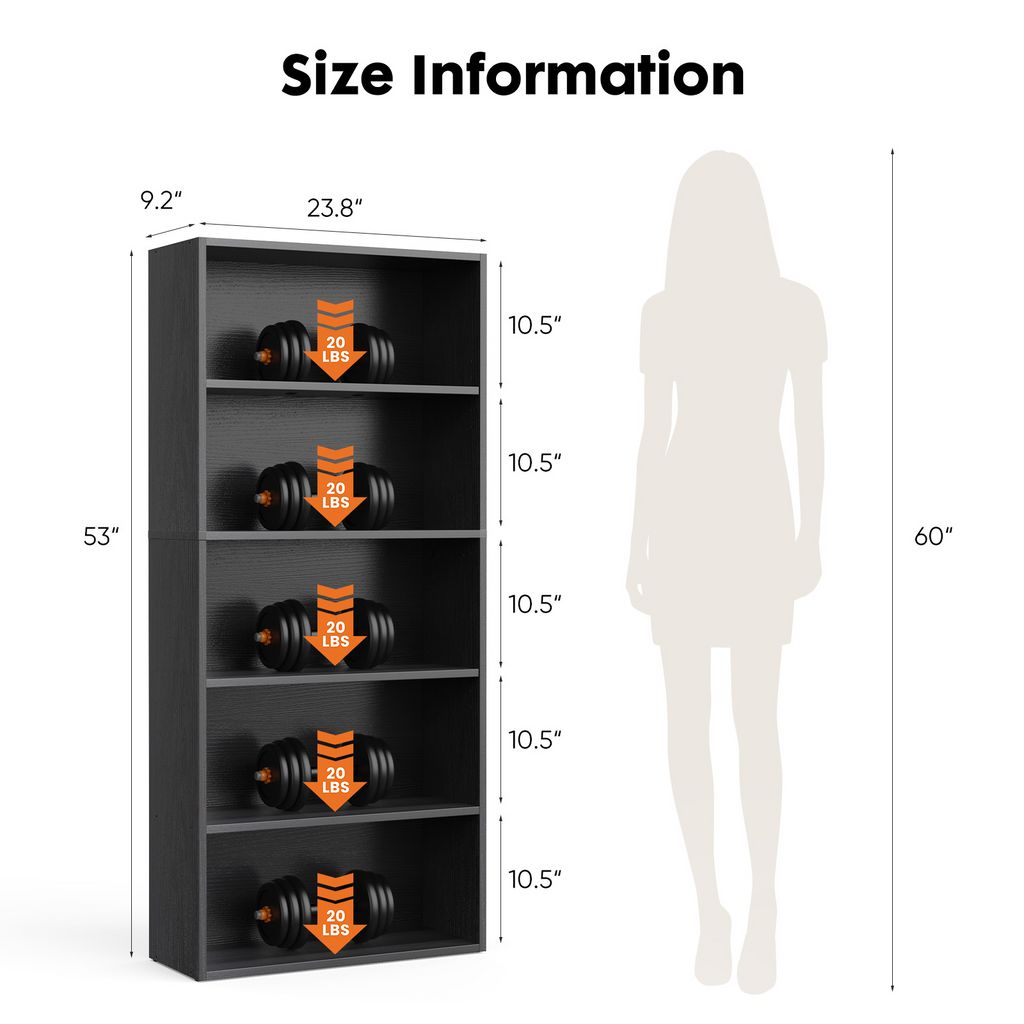 Roomisland 5 Tier Bookshelf, Modern Tall Open Display Bookcase with Reinforced Back & Anti-Tip Kit, Heavy Duty Wood Book Shelves for Home Office Living Room