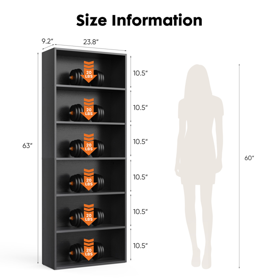 Roomisland 6 Tier Bookshelf, Modern Tall Open Display Bookcase with Reinforced Back & Anti-Tip Kit, Heavy Duty Wood Book Shelves for Home Office Living Room