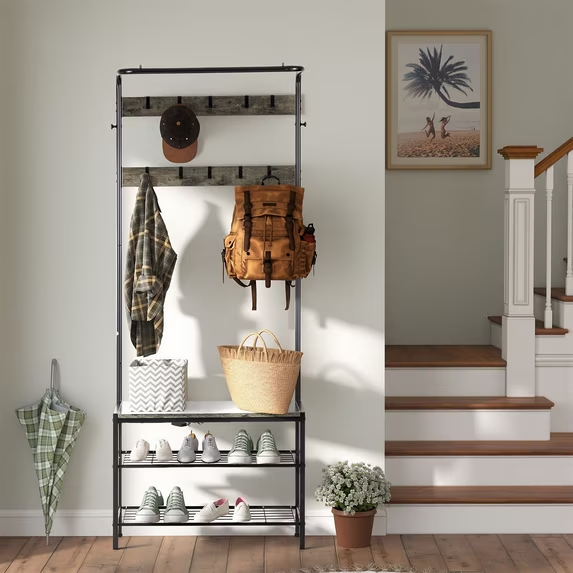 Roomisland 4-in-1 Hall Tree with Shoe Storage Bench, 10 Hooks Coat Rack Entryway Organizer, Industrial Rustic Wood Hall Tree for Mudroom, Living Room, Bedroom