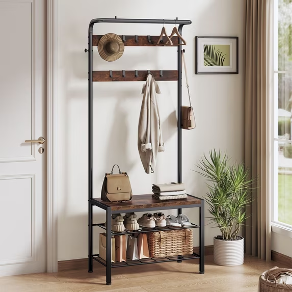 Roomisland 4-in-1 Hall Tree with Shoe Storage Bench, 10 Hooks Coat Rack Entryway Organizer, Industrial Rustic Wood Hall Tree for Mudroom, Living Room, Bedroom