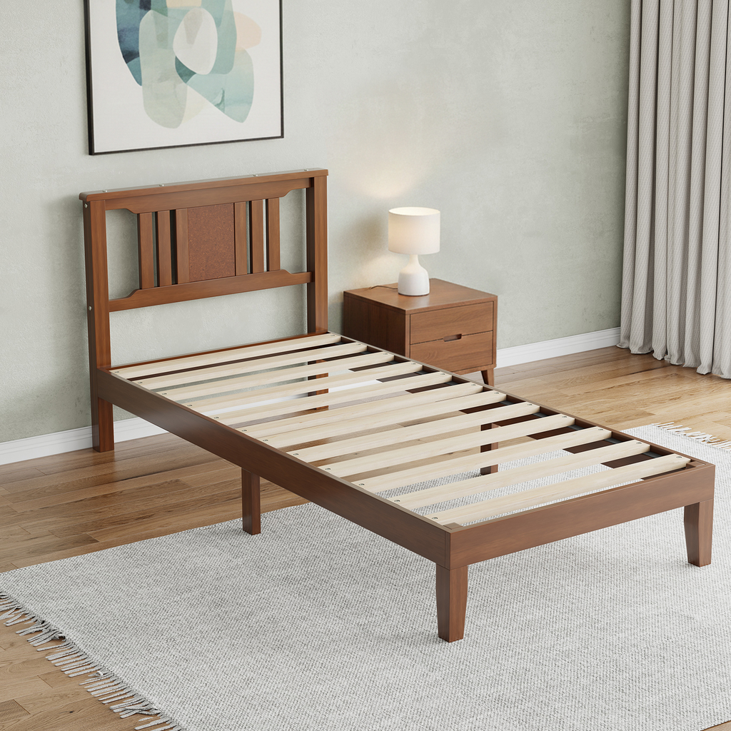 Roomisland Twin Size Platform Bed Frame with Headboard, 12 Inch Heavy Duty Wooden Bed Frame, No Box Spring Needed, Under Bed Storage, Easy Assembly, Walnut