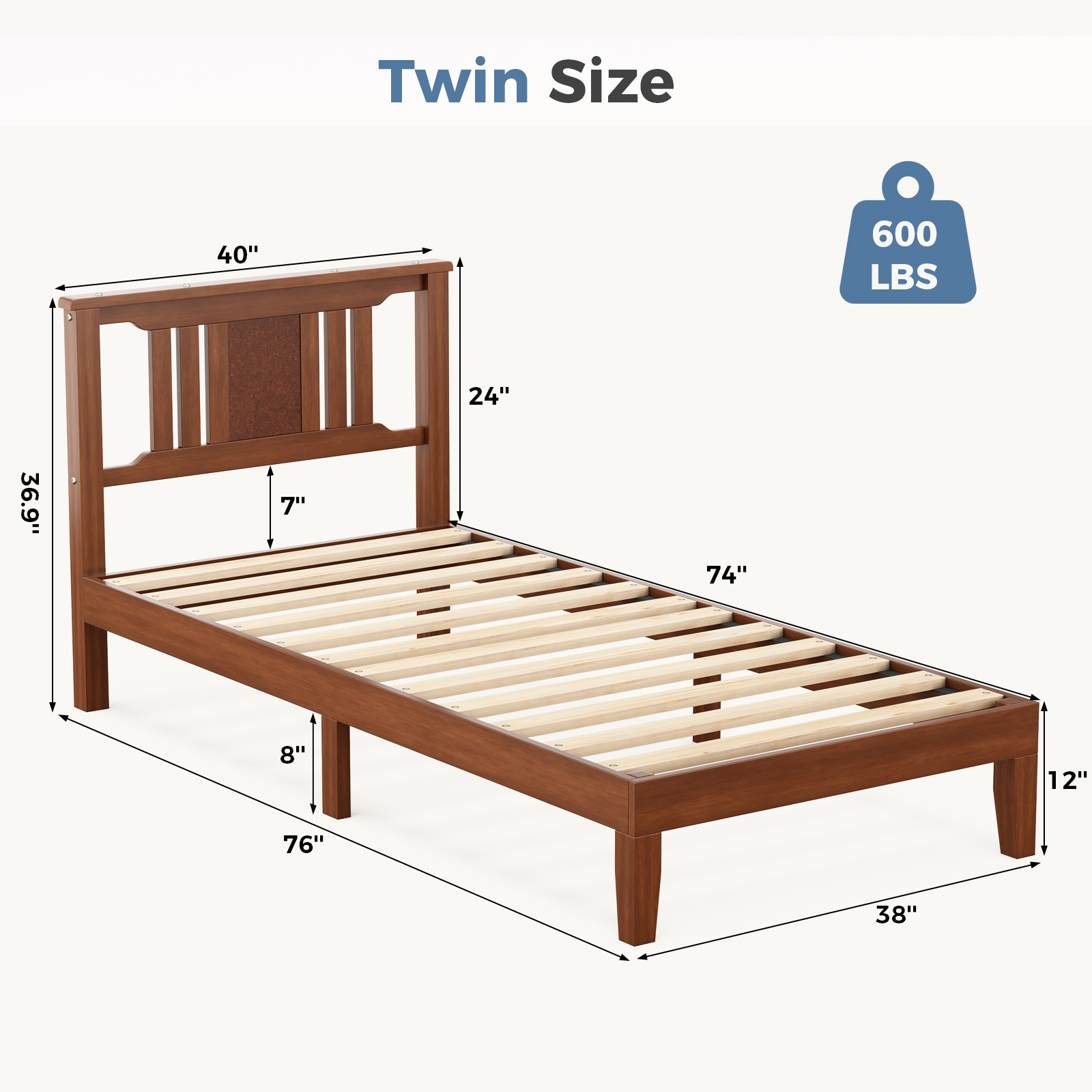 Roomisland Twin Size Platform Bed Frame with Headboard, 12 Inch Heavy Duty Wooden Bed Frame, No Box Spring Needed, Under Bed Storage, Easy Assembly, Walnut