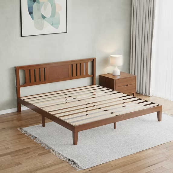 Roomisland Kind Size Platform Bed Frame with Headboard, 12 Inch Heavy Duty Wooden Bed Frame, No Box Spring Needed, Under Bed Storage, Easy Assembly, Walnut