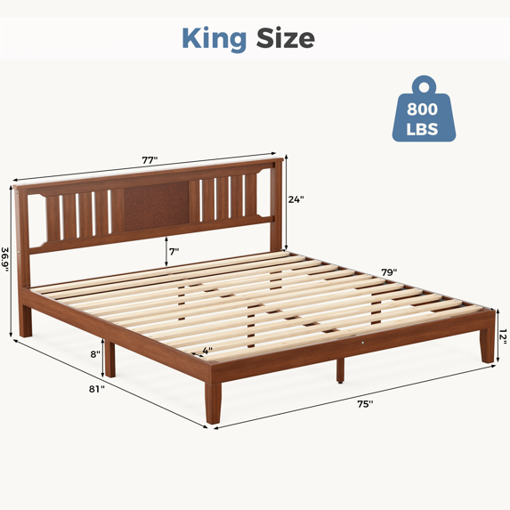 Roomisland Kind Size Platform Bed Frame with Headboard, 12 Inch Heavy Duty Wooden Bed Frame, No Box Spring Needed, Under Bed Storage, Easy Assembly, Walnut