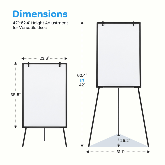 Roomisland Magnetic White Board Easel 36"x24", Portable Dry Erase Board with Stand, Height Adjustable Tripod Easel for Home Office Classroom, Silver Aluminium Frame