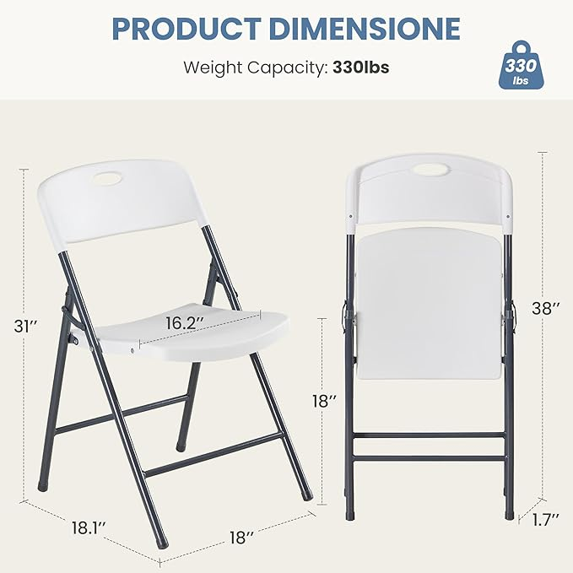 Roomisland Heavy Duty Folding Chairs Set of 2, Plastic Stackable Plastic Portable Chairs for Dining & Events, White - Ideal for Indoor/Outdoor Use, Home, Office, Wedding, Patio