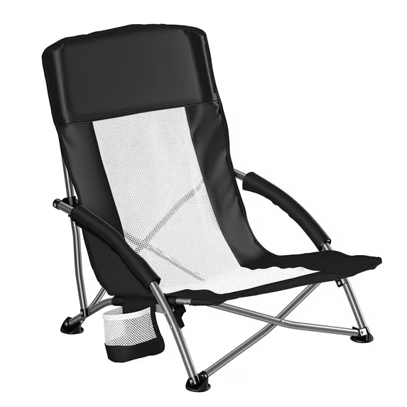 Roomisland Folding Beach Chair Lightweight, Portable Sand Chair with Breathable Mesh Back, Padded Armrests, Cup Holder, Storage Pocket for Camping, Picnic, Lawn