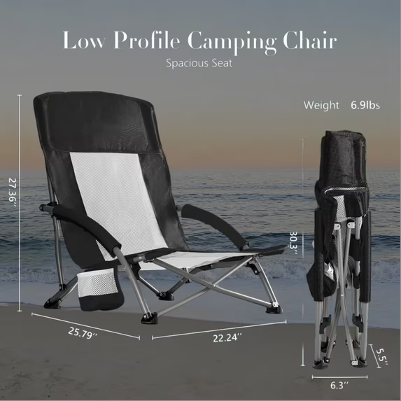 Roomisland Folding Beach Chair Lightweight, Portable Sand Chair with Breathable Mesh Back, Padded Armrests, Cup Holder, Storage Pocket for Camping, Picnic, Lawn