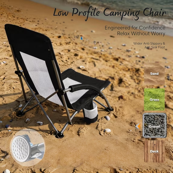 Roomisland Folding Beach Chair Lightweight, Portable Sand Chair with Breathable Mesh Back, Padded Armrests, Cup Holder, Storage Pocket for Camping, Picnic, Lawn