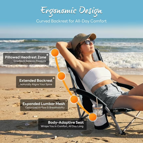 Roomisland Folding Beach Chair Lightweight, Portable Sand Chair with Breathable Mesh Back, Padded Armrests, Cup Holder, Storage Pocket for Camping, Picnic, Lawn
