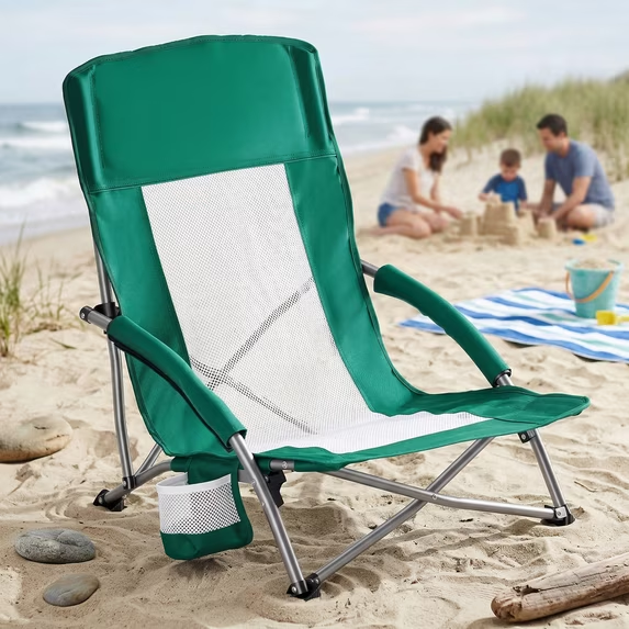 Roomisland Folding Beach Chair Lightweight, Portable Sand Chair with Breathable Mesh Back, Padded Armrests, Cup Holder, Storage Pocket for Camping, Picnic, Lawn