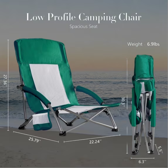 Roomisland Folding Beach Chair Lightweight, Portable Sand Chair with Breathable Mesh Back, Padded Armrests, Cup Holder, Storage Pocket for Camping, Picnic, Lawn