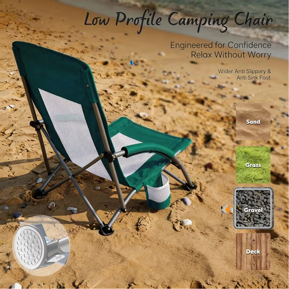 Roomisland Folding Beach Chair Lightweight, Portable Sand Chair with Breathable Mesh Back, Padded Armrests, Cup Holder, Storage Pocket for Camping, Picnic, Lawn