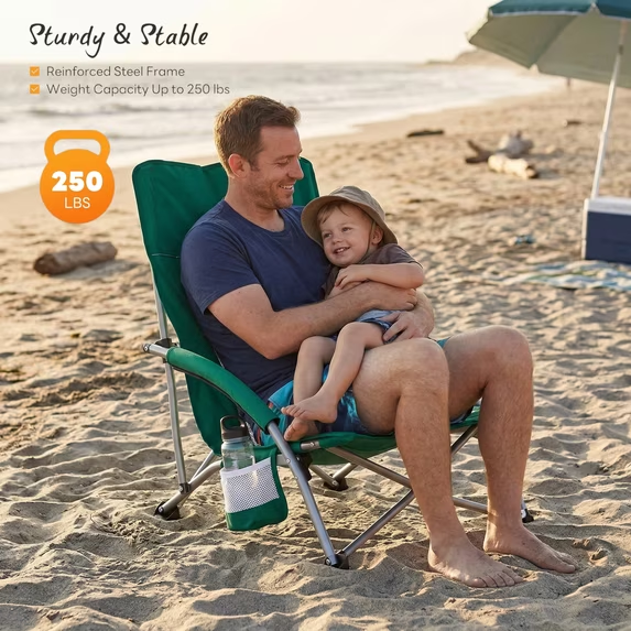 Roomisland Folding Beach Chair Lightweight, Portable Sand Chair with Breathable Mesh Back, Padded Armrests, Cup Holder, Storage Pocket for Camping, Picnic, Lawn