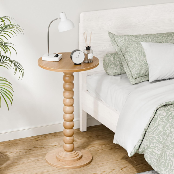 Roomisland Side Table for Small Spaces, Round End Table with Solid Wood Leg, Modern Martini Drink Table, Drink Nightstand for Living Room Bedroom Corner Office