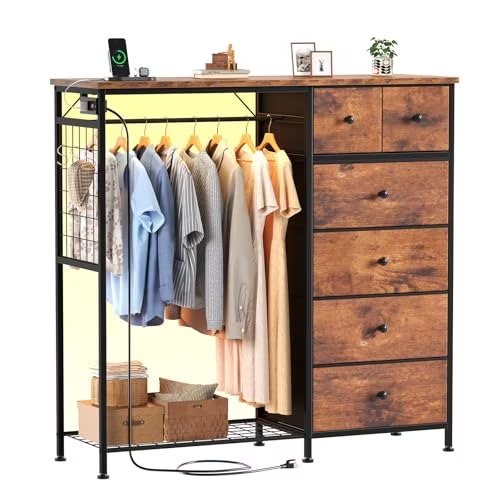 Roomisland 6 Drawer Dresser with Charging Station and LED Lights, Fabric Dresser with Hanging Rack, Closet Organizer Storage Tower for Bedroom, Living Room, Apartment
