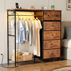 Roomisland 6 Drawer Dresser with Charging Station and LED Lights, Fabric Dresser with Hanging Rack, Closet Organizer Storage Tower for Bedroom, Living Room, Apartment